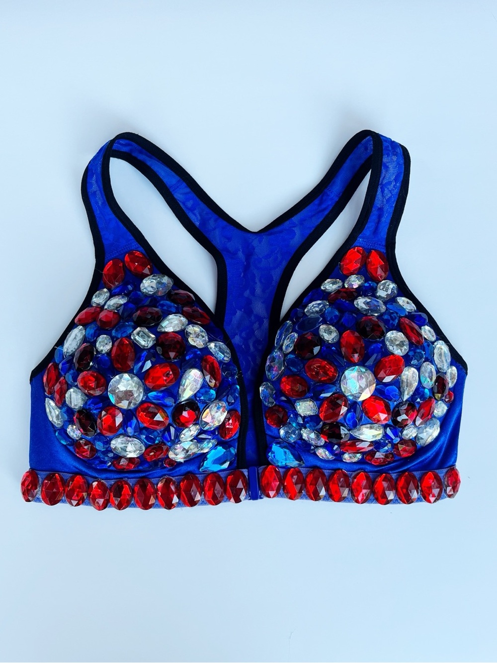 smart & sexy Royal Blue Bralette with Red and Clear Gem Accents